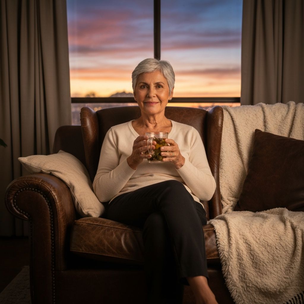Person relaxing on couch with warm beverage at dusk