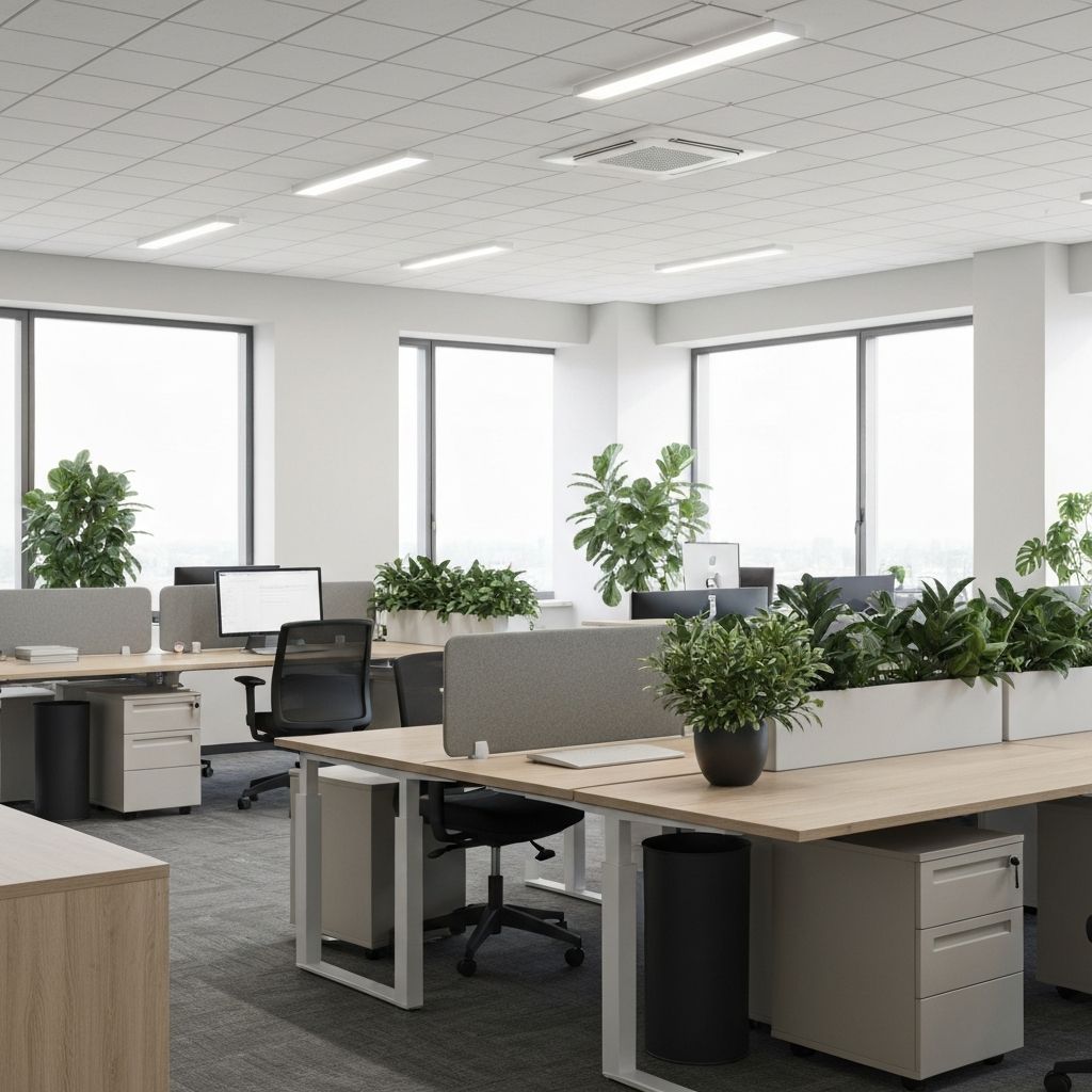 Bright open office space with natural light and plants