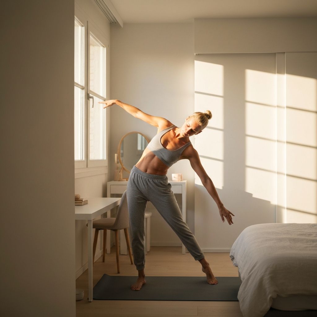 Person practicing gentle morning stretching in bright room